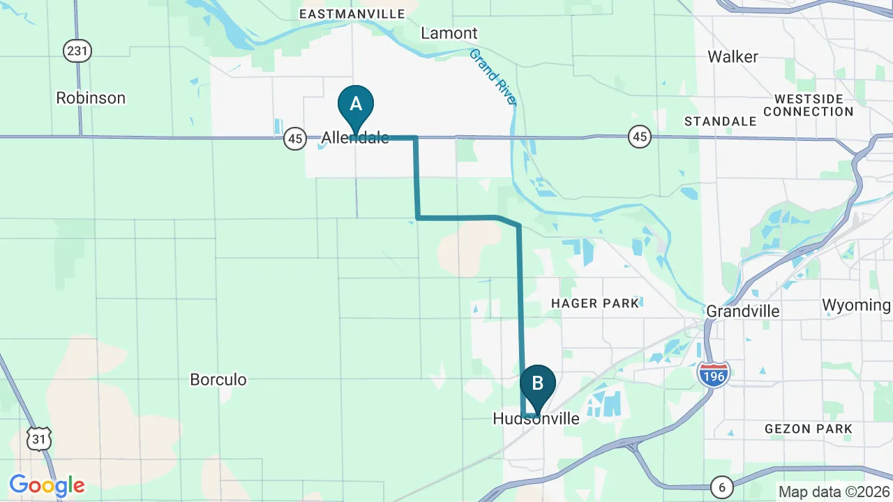 Driving directions map from Allendale, MI to HealthSource of Harvest in HARVEST