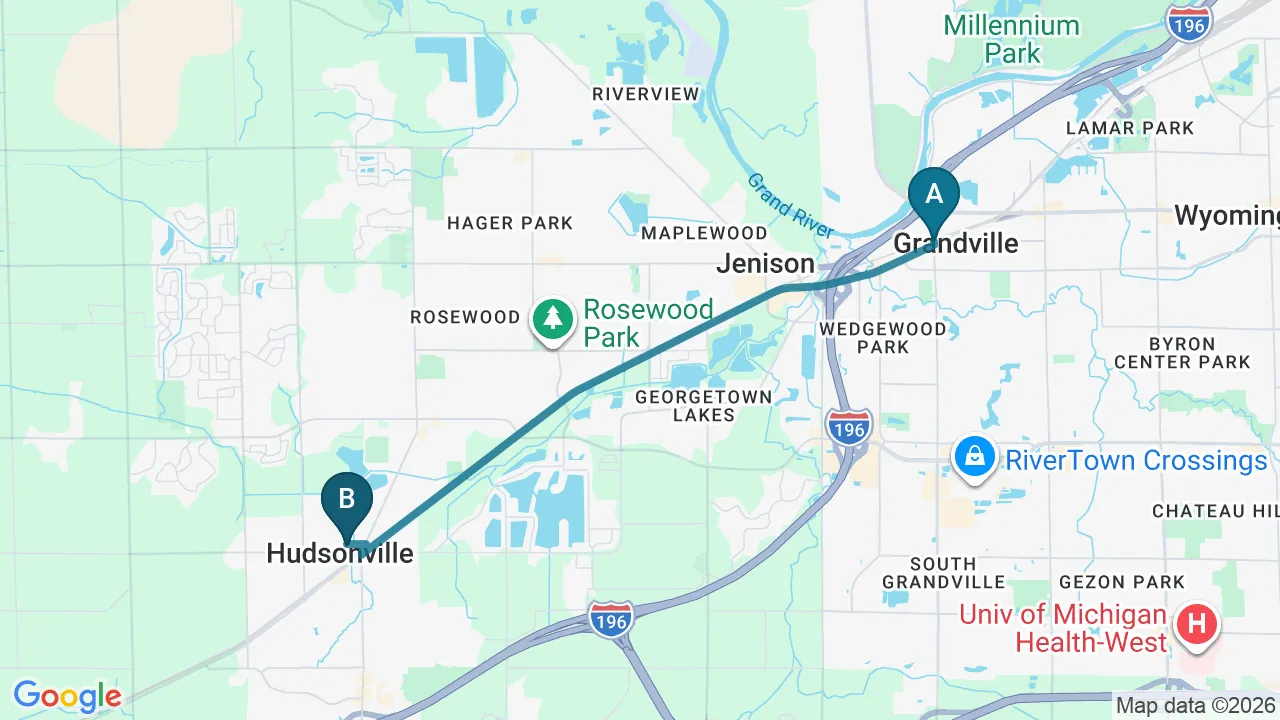 Driving directions map from Grandville, MI to HealthSource of Harvest in HARVEST