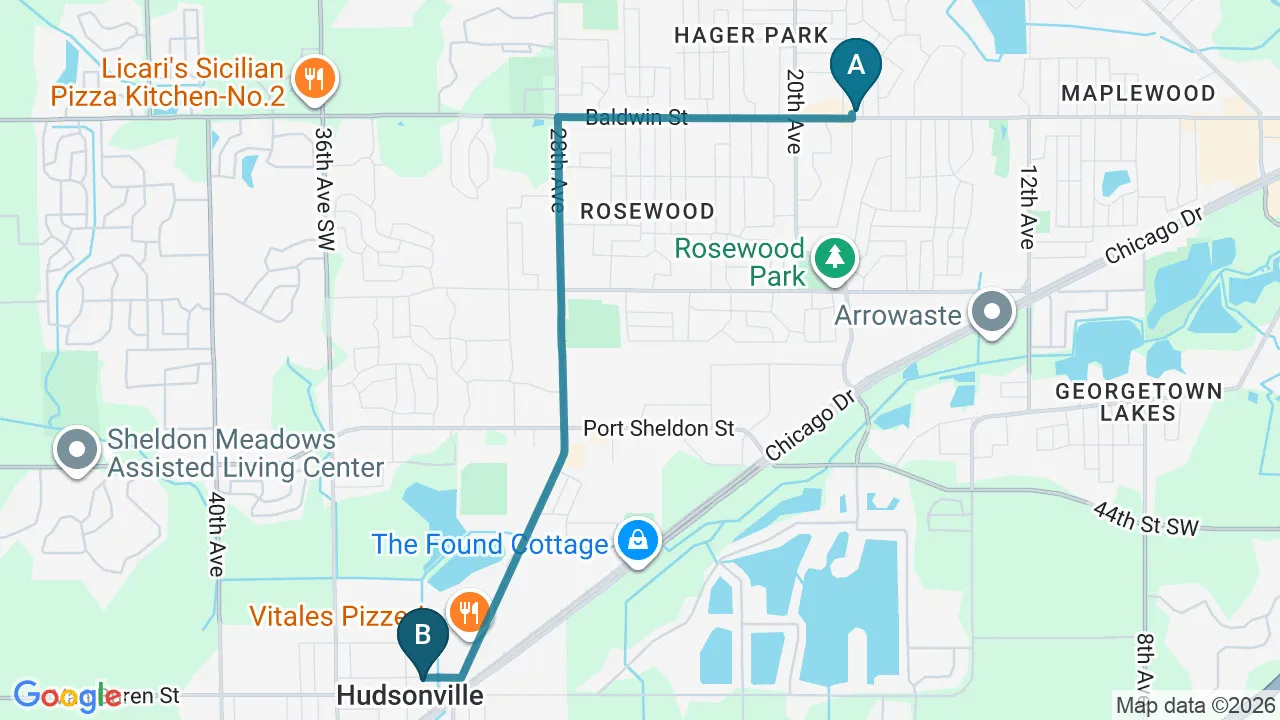 Driving directions map from Jenison, MI to HealthSource of Harvest in HARVEST