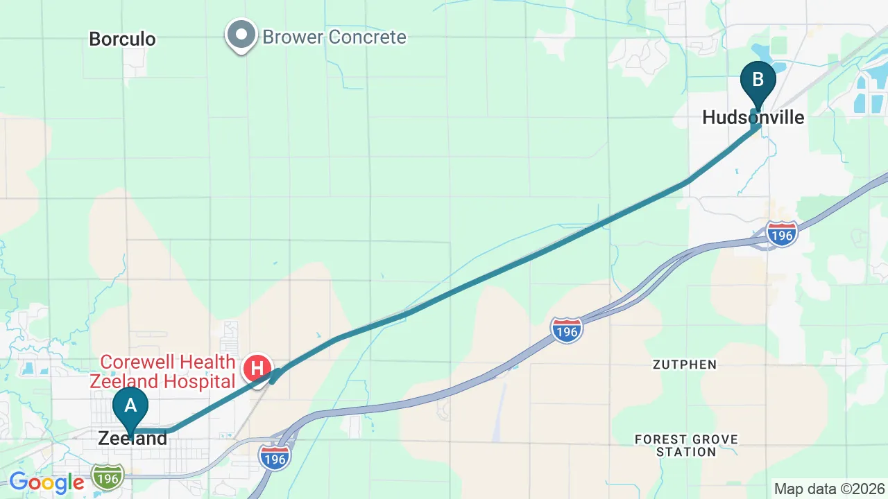 Driving directions map from Zeeland, MI to HealthSource of Harvest in HARVEST